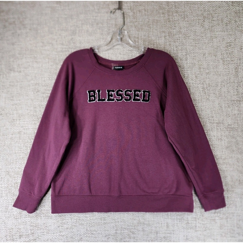 Torrid Blessed Sweatshirt Womens‎ M/L Size 10 Eggplant Purple Fleece Lined NEW